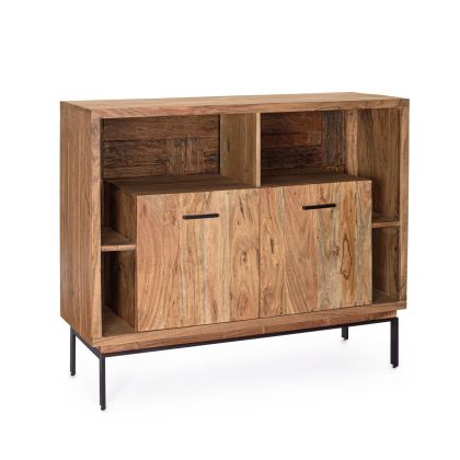 Aparador industrial en madera de acacia y reciclada natural con patas y tiradores de acero negro.