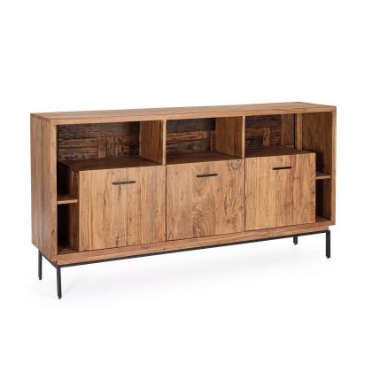Aparador industrial en madera de acacia y reciclada natural con patas y tiradores de acero negro.