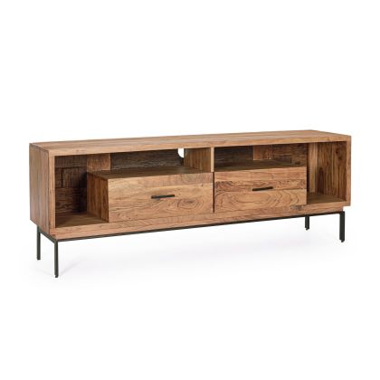 Mueble TV industrial en madera de acacia y reciclada natural con patas y tiradores de acero negro.