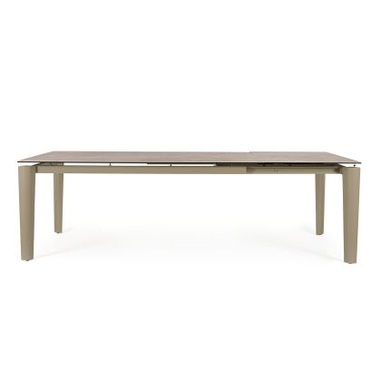Mesa de comedor extensible diseño moderno tablero de cerámica efecto travertino con capa inferior de vidrio y acero beige.