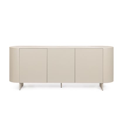 Aparador 3P de diseño moderno en cerámica efecto ónice, dm y patas de acero beige claro.