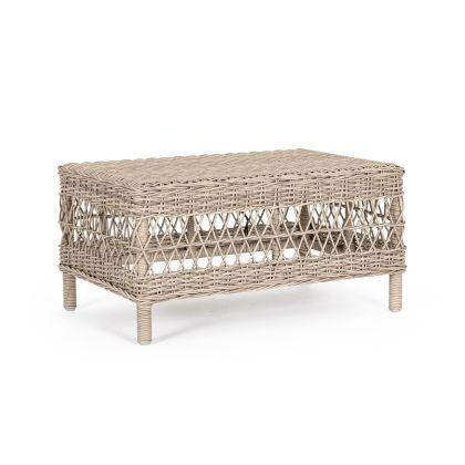 Mesa de centro exterior tropical estructura de aluminio trenzado en fibra sintética natural.