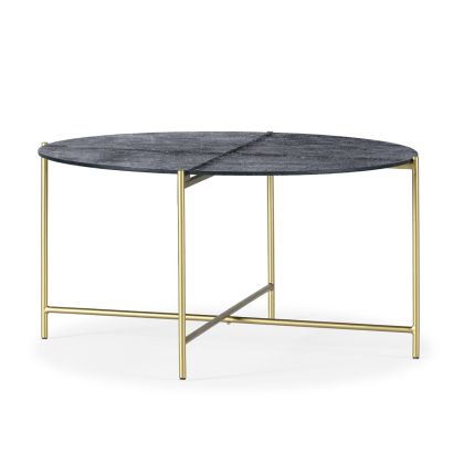 Mesa de Centro de Diseño Art Decó en Cristal arenado azul y Metal dorado.