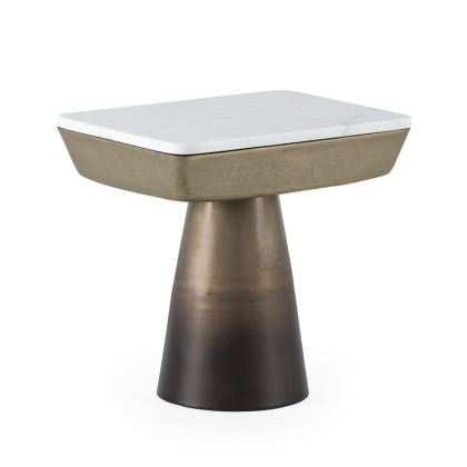 Mesa auxiliar art decó en aluminio dorado antique y mármol baswarra blanco.