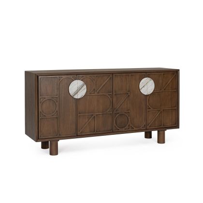 Aparador de diseño moderno en madera de acacia marrón con tiradores de mármol blanco, marrón y gris.