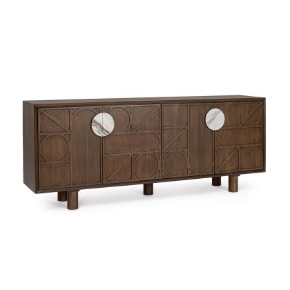 Aparador de diseño moderno en madera de acacia marrón con tiradores de mármol blanco, marrón y gris.