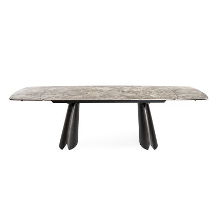 Mesa de comedor extensible nórdico moderno tablero de cerámica gris con capa inferior de vidrio y acero plateado oscuro.