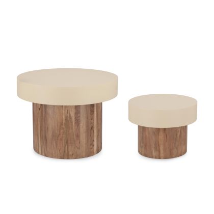 Set of 2 Beige Steel and Acacia Wood Side Tables, Ø60 Cm