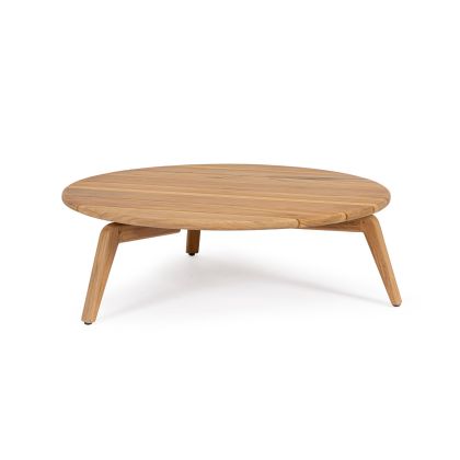 Mesa de centro redonda en madera de teca natural con listones.