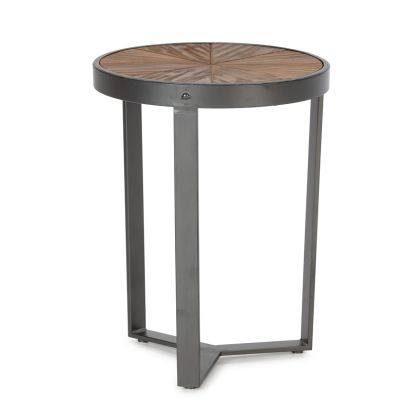 Mesa auxiliar industrial en metal negro con sobre de madera marrón.