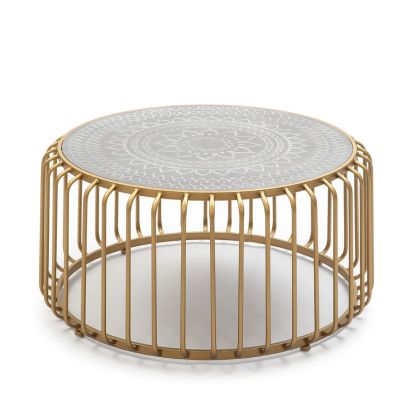 Mesa de centro oriental en metal dorado con sobre de dm gris mandala.