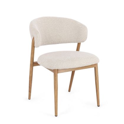 Silla nórdica moderna con asiento y respaldo en tela efecto bouclé beige y estructura de acero efecto madera natural.