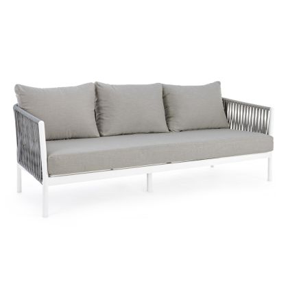 Sofá moderno en aluminio blanco, cuerda y cojines tapizados en tela gris oscuro.