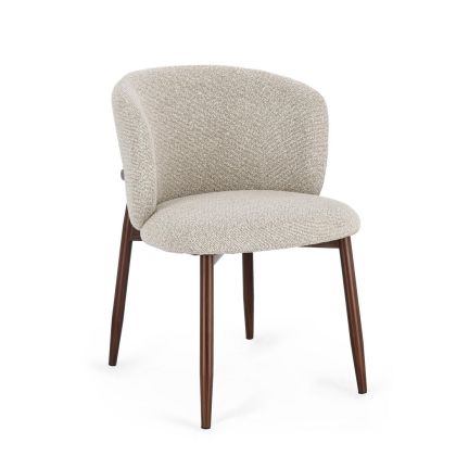 Silla nórdica moderna con asiento y respaldo en tela efecto bouclé y estructura de acero efecto madera.