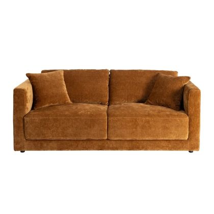 Sofá de 3 plazas moderno en madera y tejido taupe naranja.
