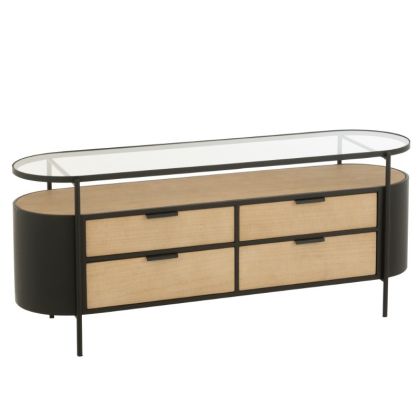 Mueble TV Redondo Cristal Metal Negro Natural, 133 cm