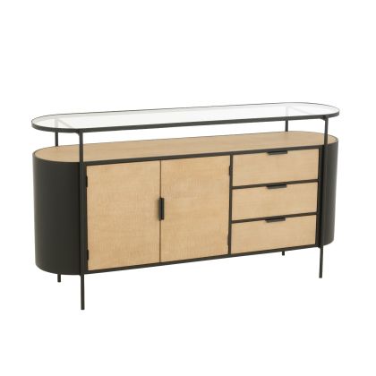 Natural/Black Wood Metal Glass Sideboard, 150 Cm