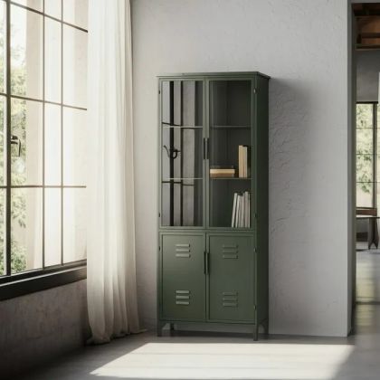 Vitrina industrial 4 puertas en metal verde menta y cristal templado.
