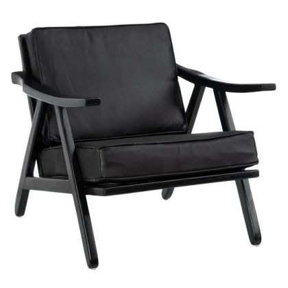Sillón Piel Negro Madera Teca Salón, 70 Cm