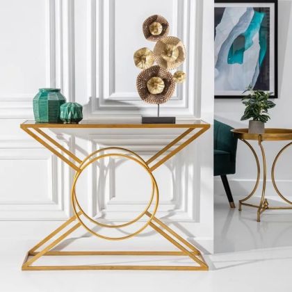 Consola Art Decó Hierro Cristal Oro, 100 Cm