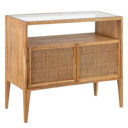 Aparador Cristal Ratán Madera Mango Natural, 90 Cm