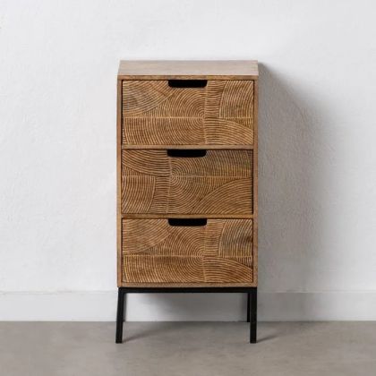 Mesita de Noche Madera Natural Cajones Tallados, 63,50 Cm