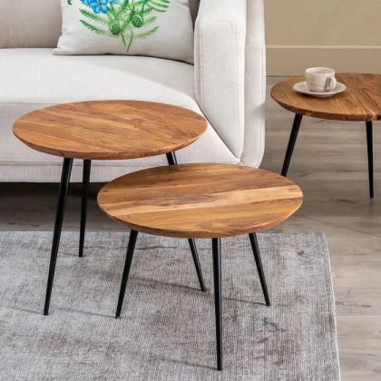 Set of 3 Natural Acacia Wood Iron Coffee Table, 50 X 50 X 45 Cm