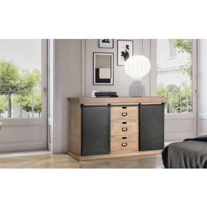 Aparador Madera Natural 2 Puertas Metal Correderas, 160 Cm
