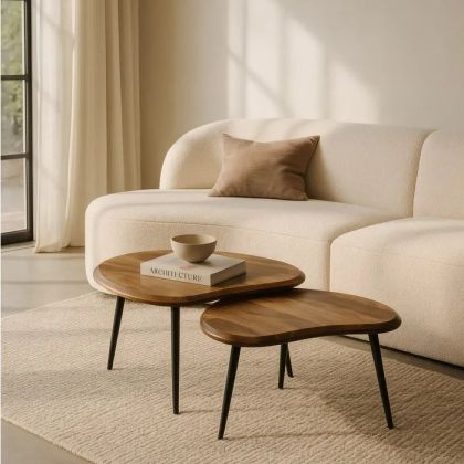 Set of 2 Mango Wood and Metal Coffee Tables, 82 X 61 X 45 Cm
