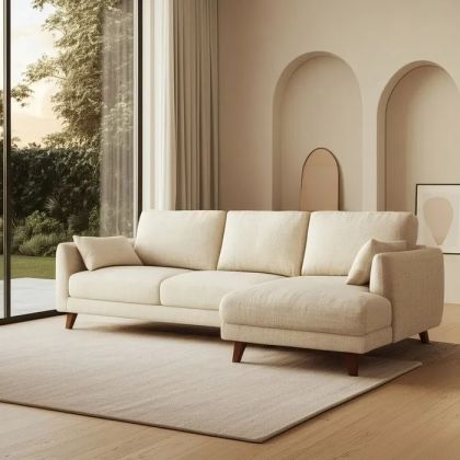 Beige Fabric and Wood Chaise Longue Sofa, 240 X 155 X 86 Cm
