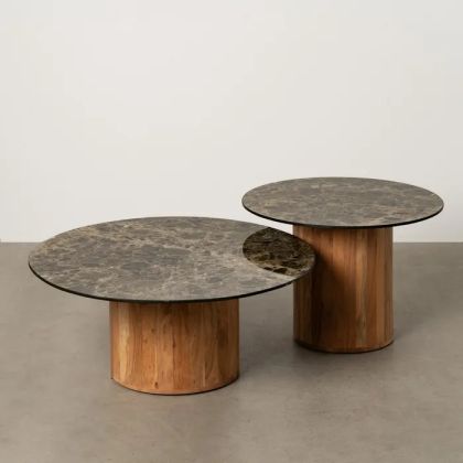 Set/2 Ceramic/Acacia Wood Coffee Table, 80 X 80 X 34 Cm