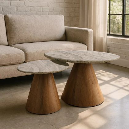 Set of 2 Marble/Mango Wood Coffee Table, 80 X 74 X 44 Cm