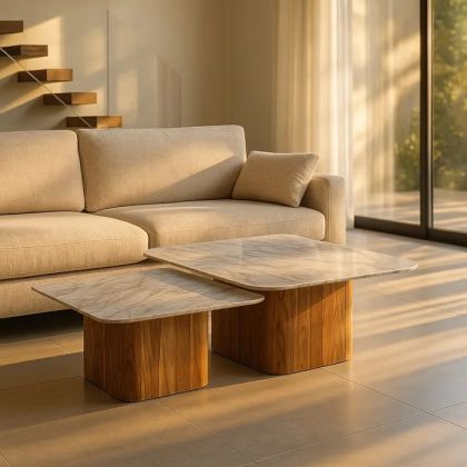 S/2 Marble Acacia Wood Coffee Table, 100 X 100 X 41 Cm