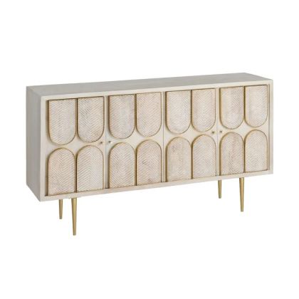 Geometric White Washed Mango Wood Sideboard, 152 X 41 X 83.50 Cm