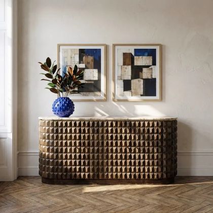 Curved Sideboard Geometric Relief Marble Mango Wood, 154 X 40 X 76 Cm