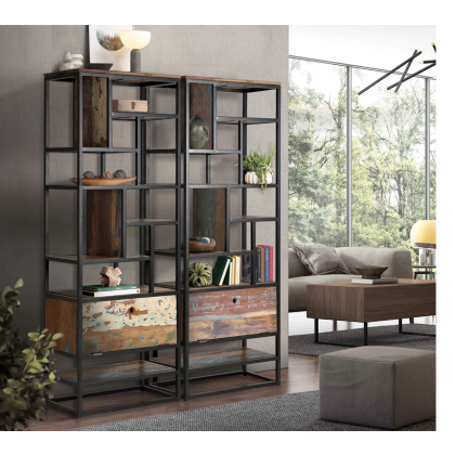 Libreria Madera Reciclada Hierro Negro 1 Puerta, 213 Cm