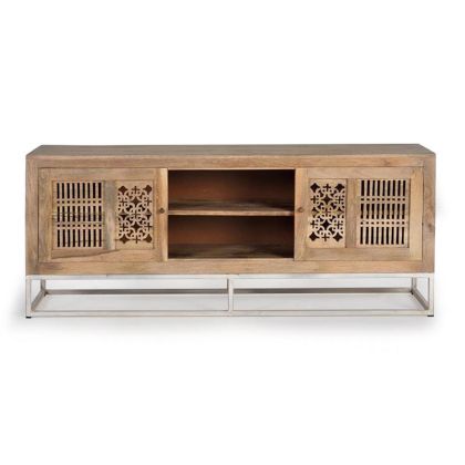 Mueble TV Estilo Oriental Madera Mango Tallada Base Metal, 160 Cm 
