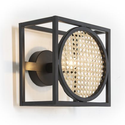 Wall Lamp 24x17x24 Black Metal/Natural Rattan