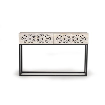 Consola Madera Tallada Blanco Viejo 2 Cajones, 120 Cm