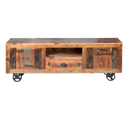 Mueble TV 2 Puertas 1 Cajón Madera Reciclada Ruedas Metal, 160 Cm