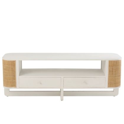 Mueble Televisión Madera Lacado Blanco Ratán Natural. 140 cm