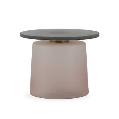 Mesa de centro de diseño italiano en cristal tallado a mano acabado piedra y rosáceo con metal dorado.