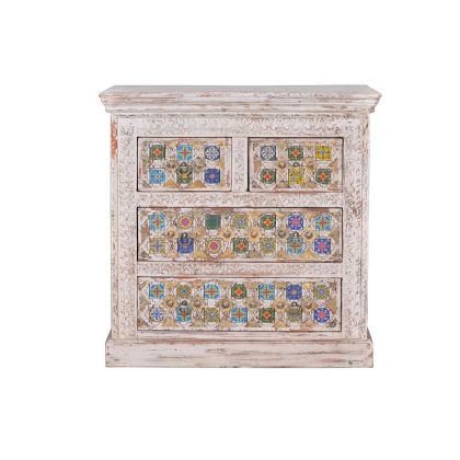 Cómoda Madera Azulejos Bronce 4 Cajones, 90 Cm