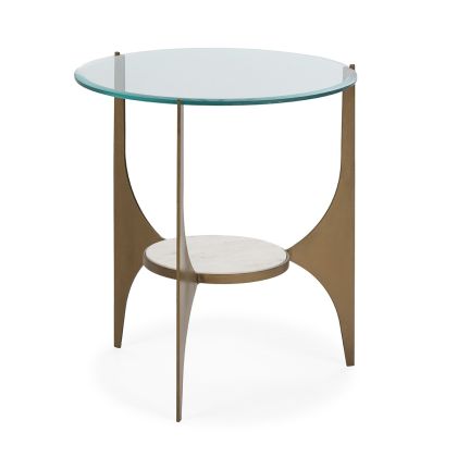 Mesa Auxiliar Estilo Art Decó en Metal Dorado Antique, Mármol Blanco y Cristal.