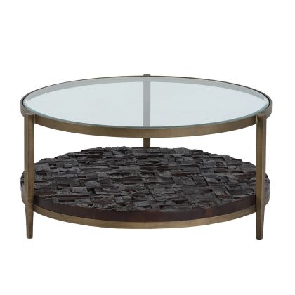 Mesa de Centro Art Decó en Metal dorado antique, Madera negra y Cristal transparente.
