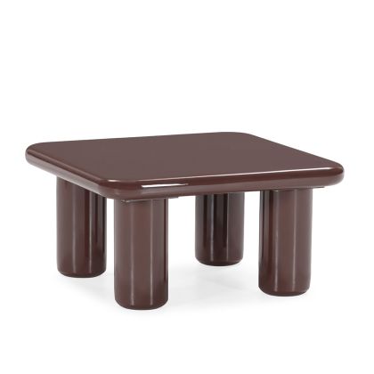 Mesa de centro moderna en madera rojo oscuro brillante.
