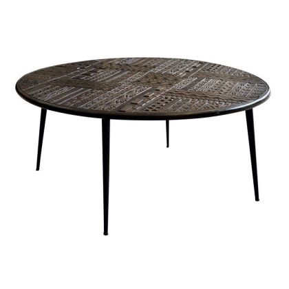 Mesa Centro Estilo Oriental Madera Mango Tallado Africano Hierro, 75 Cm