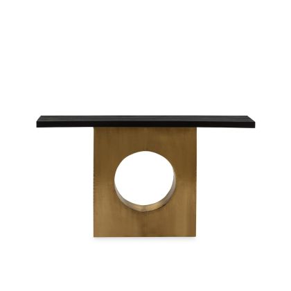 Consola en Madera Maciza Negra y Chapado de latón de estructura rectangular.