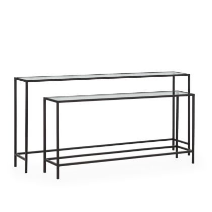 Set de 2 consolas industrial moderno en metal negro y sobre de cristal.