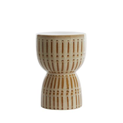 Mesa auxiliar étnica en cerámica brillante crema y marrón.